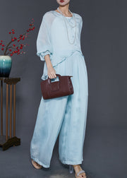 Sky Blue Silk Two Pieces Set Oversized Low High Design Spring