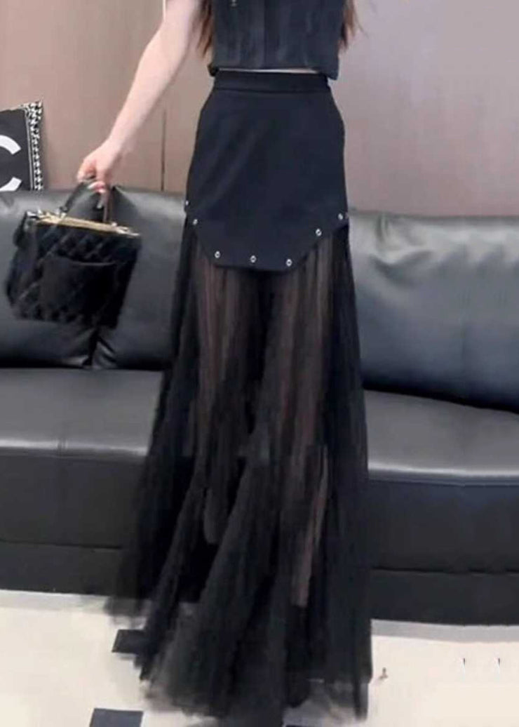 Slim Fit Black High Waist Patchwork Tulle Skirt Summer