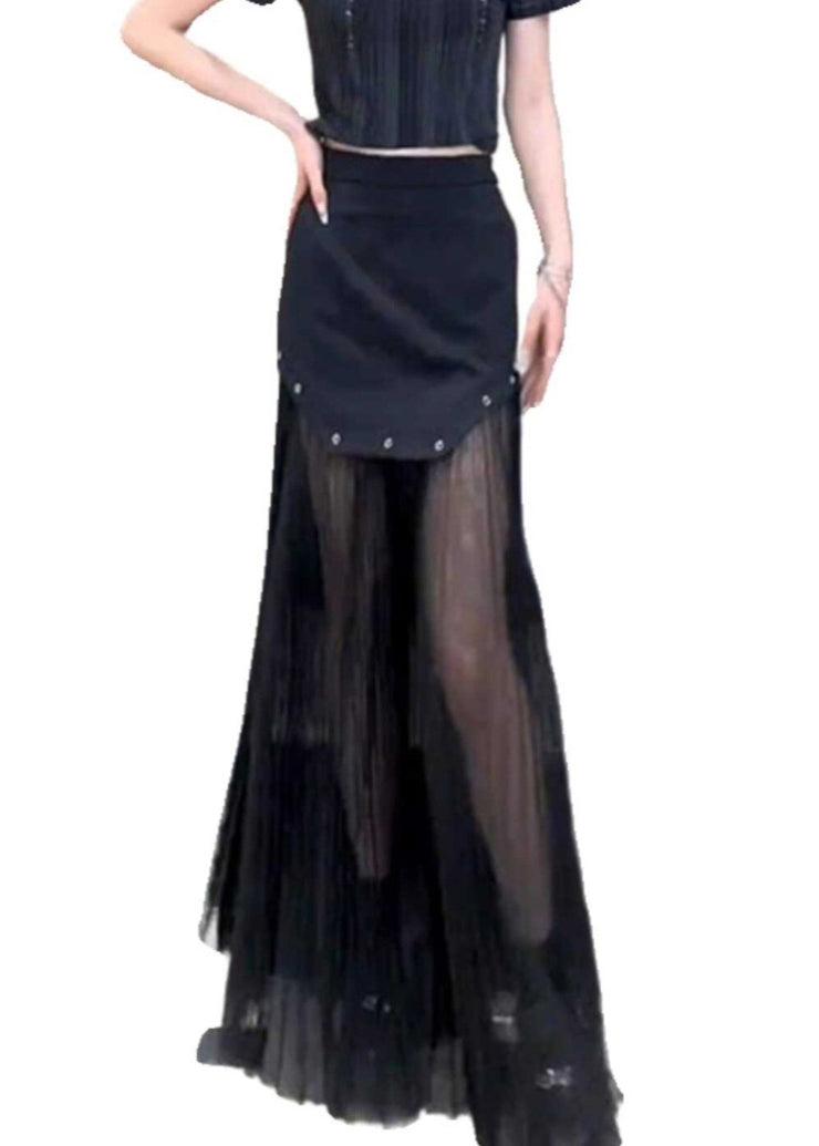 Slim Fit Black High Waist Patchwork Tulle Skirt Summer