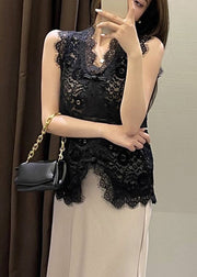 Slim Fit Black Hollow Out Lace Vest Sleeveless