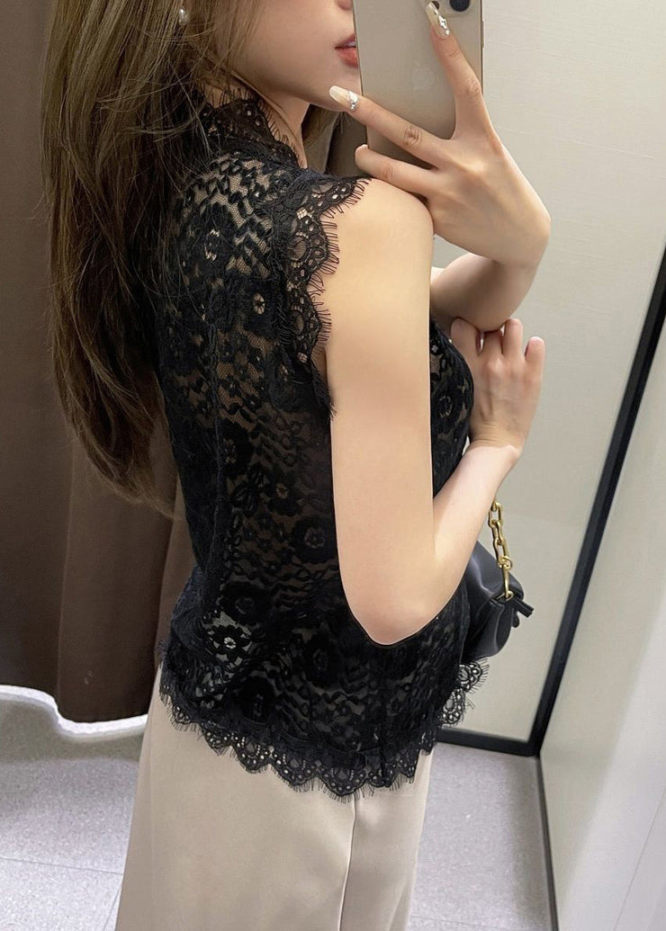 Slim Fit Black Hollow Out Lace Vest Sleeveless