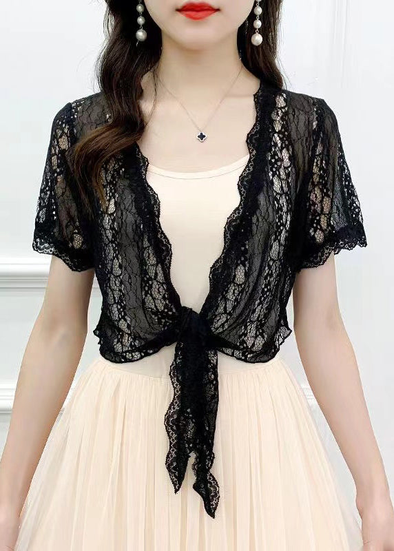 Slim Fit Black Lace Up Hollow Out Lace Cardigans Summer