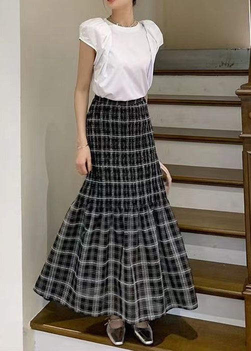 Slim Fit Black Plaid Wrinkled High Waist Chiffon Skirt Summer