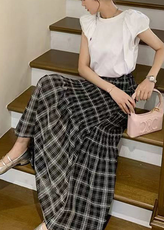 Slim Fit Black Plaid Wrinkled High Waist Chiffon Skirt Summer