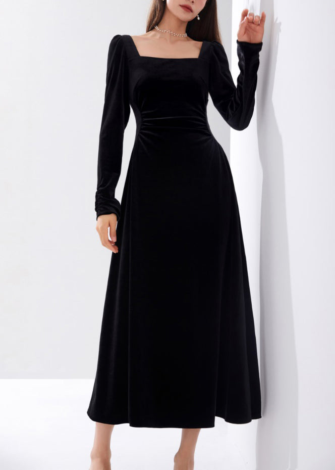 Slim Fit Black Square Collar High Waist Velour Dress Fall