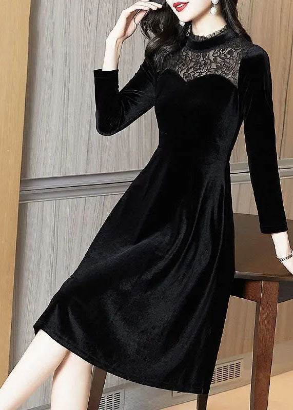 Slim Fit Black Stand Collar Lace Patchwork Silk Velour Party Dress Spring