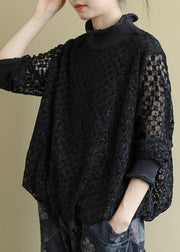 Slim Fit Black Turtleneck Lace Top Long Sleeve