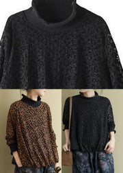 Slim Fit Black Turtleneck Lace Top Long Sleeve