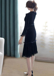 Slim Fit Black V Neck Lace Patchwork Silk Velour Wraped Dress Spring