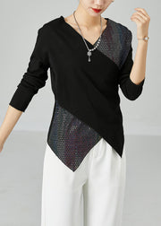 Slim Fit Black V Neck Patchwork Zircon Cotton Blouses Spring