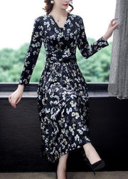 Slim Fit Black V Neck Print Silk Velour Long Dress Spring