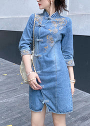 Slim Fit Blue Embroideried Floral Button Denim Mid Dresses Bracelet Sleeve