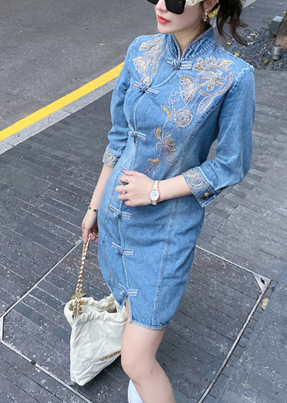 Slim Fit Blue Embroideried Floral Button Denim Mid Dresses Bracelet Sleeve