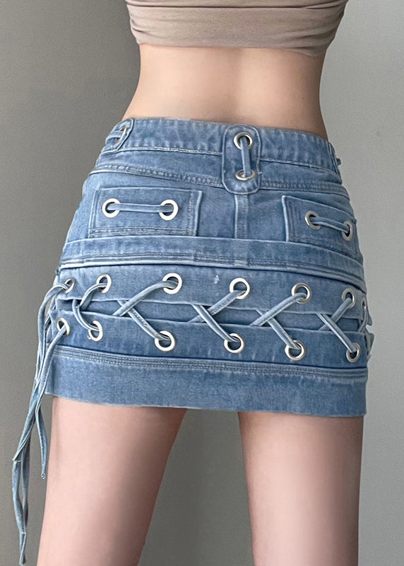 Slim Fit Blue Lace Up High WaistPatchwork Denim Skirts Summer