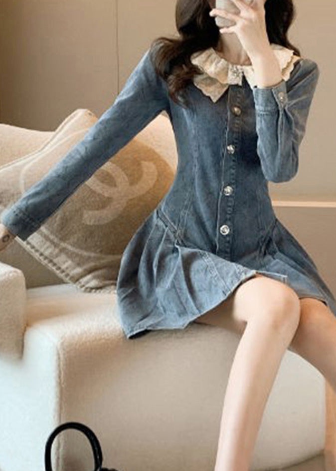 Slim Fit Blue O-Neck Lace Patchwork Button Denim Mid Dress Long Sleeve