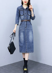 Slim Fit Blue Peter Pan Collar Patchwork Sashes Denim Maxi Dresses Bracelet Sleeve