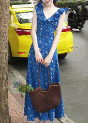 Slim Fit Blue V Neck Ruffled Patchwork Maxi Dress Summer