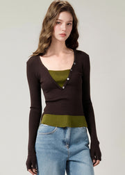 Slim Fit Brown False Two Pieces Patchwork Knit Top Fall