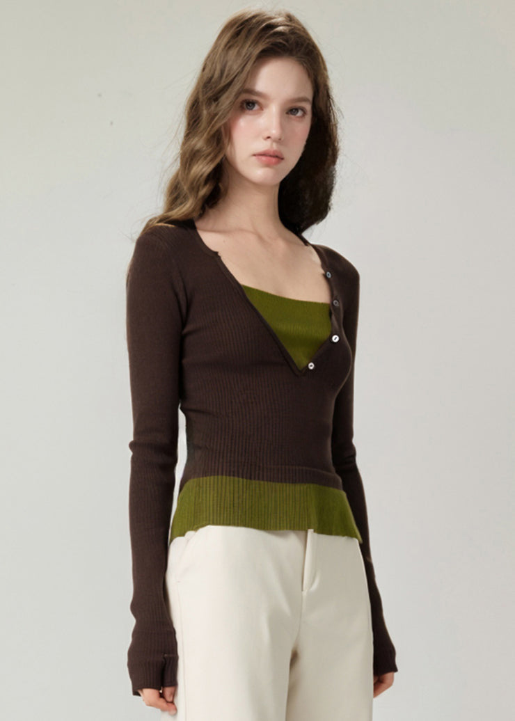 Slim Fit Brown False Two Pieces Patchwork Knit Top Fall