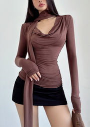 Slim Fit Brown Turtle Neck Solid Cotton T Shirts Fall