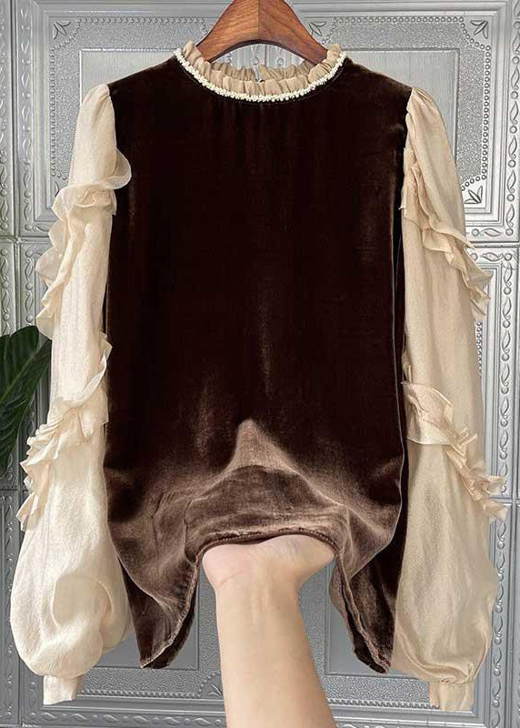 Slim Fit Coffee Ruffled Patchwork Silk Velour Top Long Sleeve