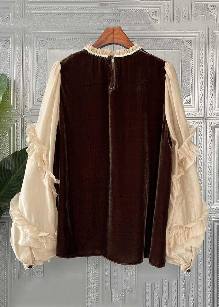 Slim Fit Coffee Ruffled Patchwork Silk Velour Top Long Sleeve