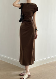 Slim Fit Coffee Solid Cotton Long Dresses Summer