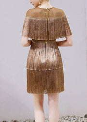 Slim Fit Gold O-Neck Tassel Silk Mid Dress Short Sleeve