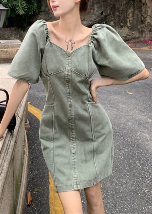 Slim Fit Grey Green Patchwork Button Denim Mid Dress Summer