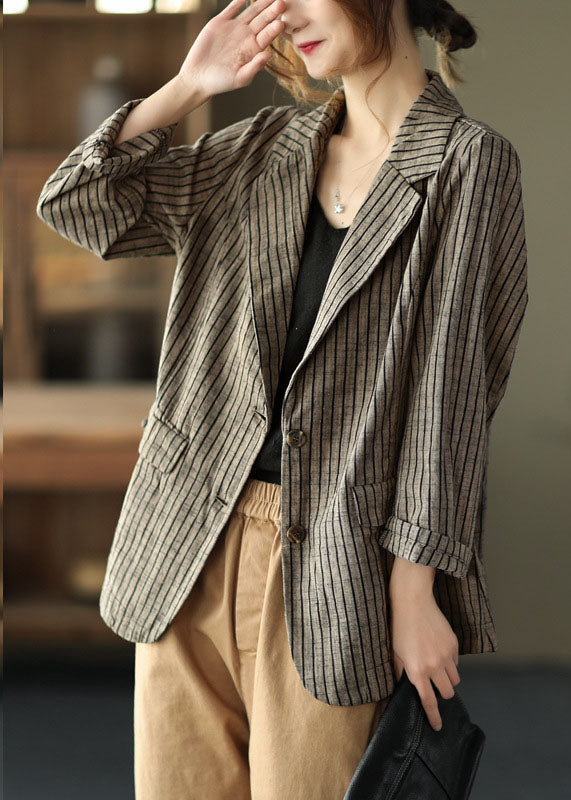 Slim Fit Khaki Notched Collar Button Pockets Striped Cotton Linen Coats Long Sleeve