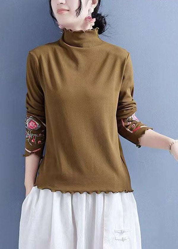 Slim Fit Khaki Ruffled Embroideried Cotton Blouses Spring