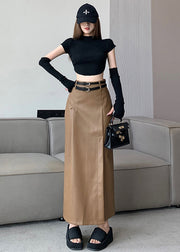 Slim Fit Khaki Side Open High Waist Faux Leather Skirt Spring