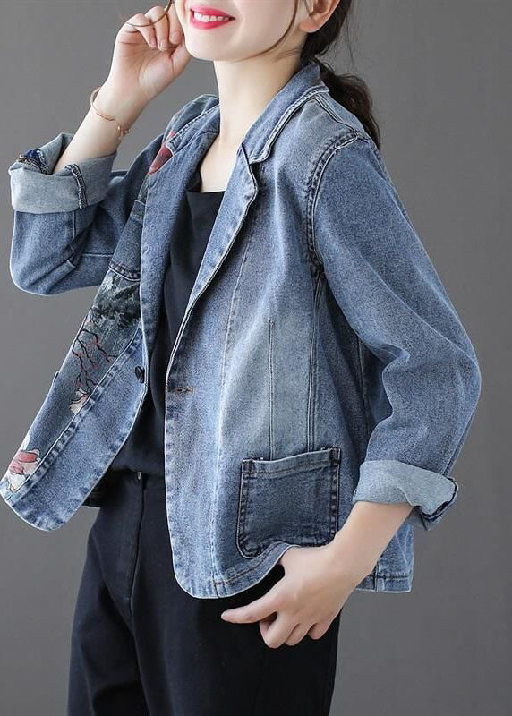 Slim Fit Light Blue Notched Collar Pockets Print Denim Coat Spring