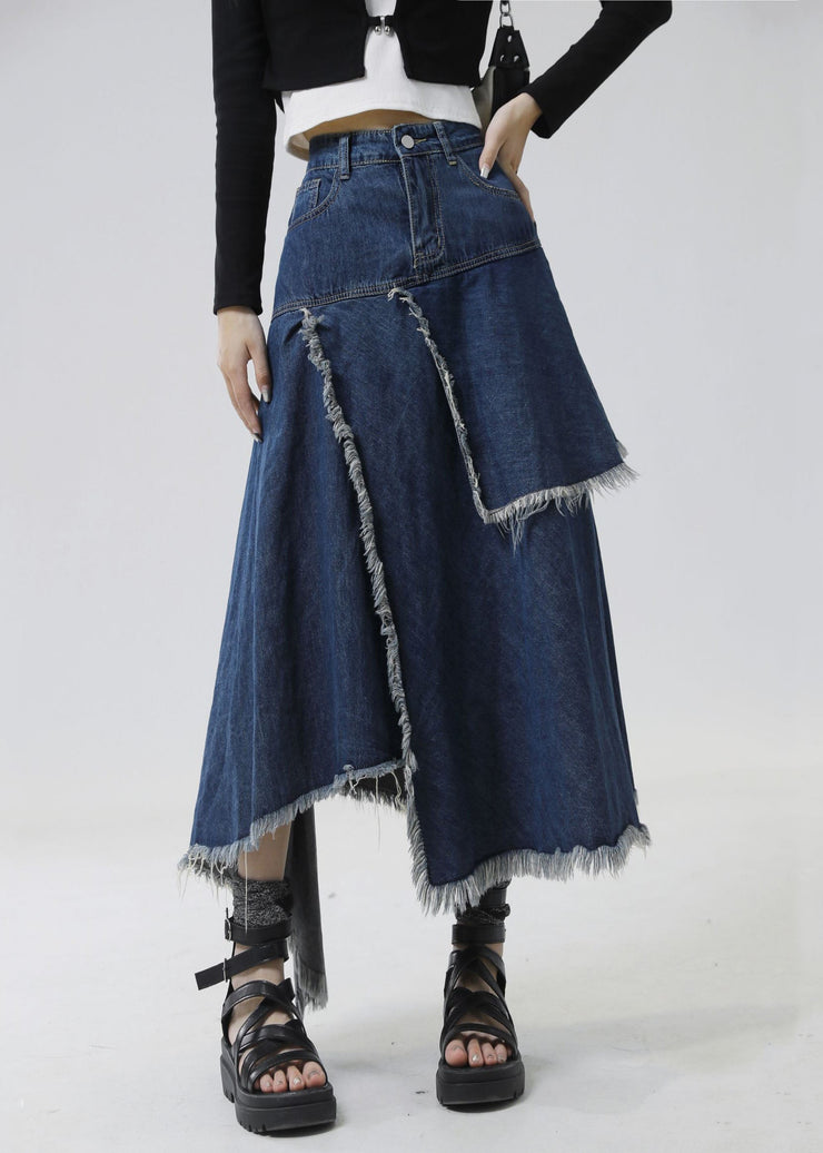 Slim Fit Navy Asymmetrical Patchwork Denim Skirt Summer