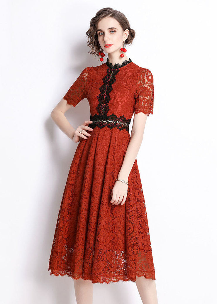 Slim Fit Red Embroideried Hollow Out Patchwork Lace Dress Summer