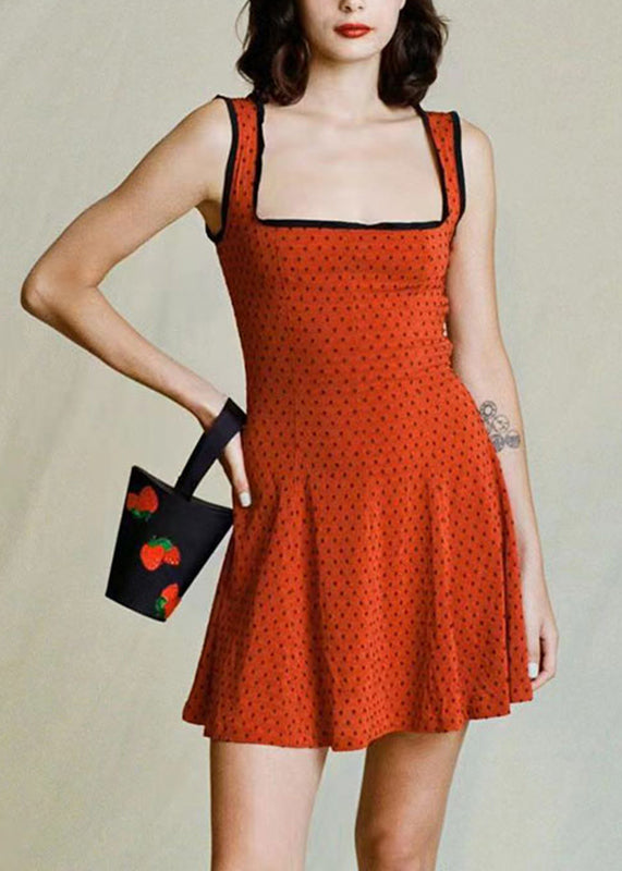 Slim Fit Red Square Collar Dot Print Spaghetti Strap Mid Dress Sleeveless