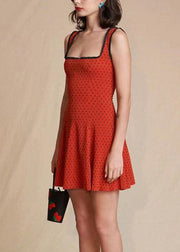 Slim Fit Red Square Collar Dot Print Spaghetti Strap Mid Dress Sleeveless