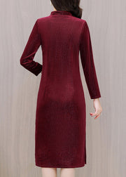 Slim Fit Red Stand Collar Button Silk Velour Long Dresses Long Sleeve