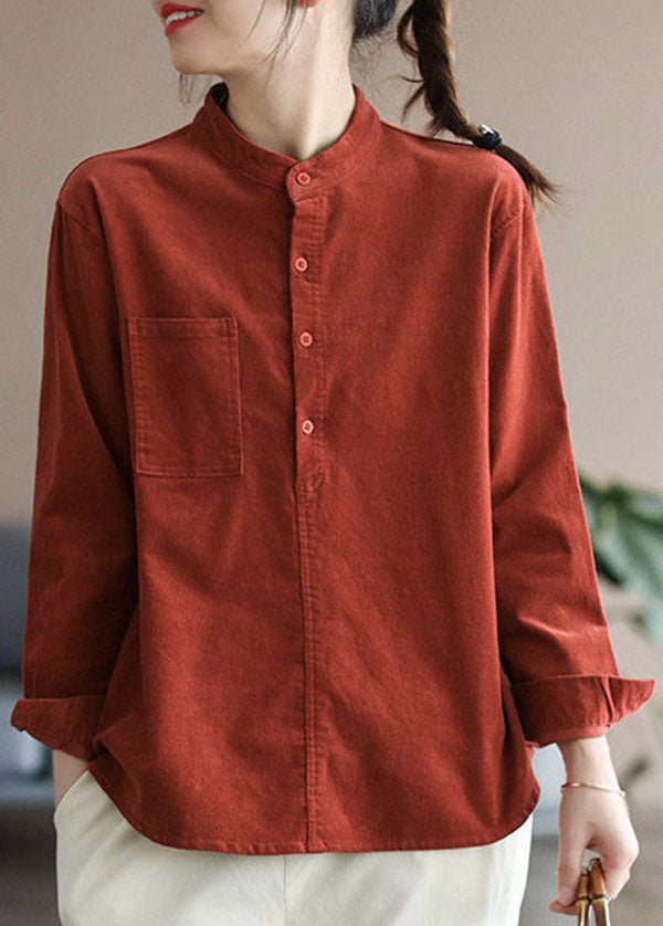 Slim Fit Red Stand Collar Pockets Corduroy Shirt Spring