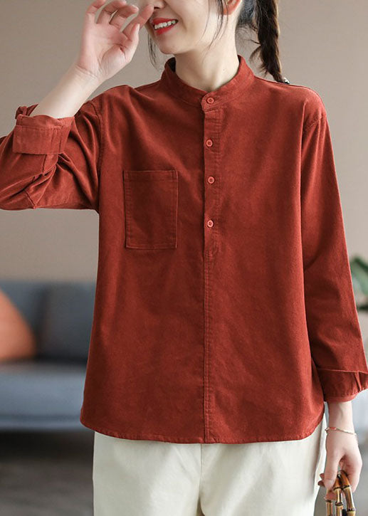 Slim Fit Red Stand Collar Pockets Corduroy Shirt Spring