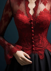 Slim Fit Red V Neck Hollow Out Lace Top Flare Sleeve