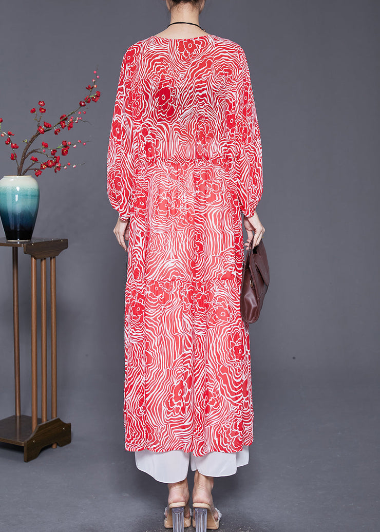 Slim Fit Red V Neck Print Chiffon Maxi Dresses Fall