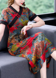 Slim Fit Red V Neck Print Chinese Button Silk Dresses Summer