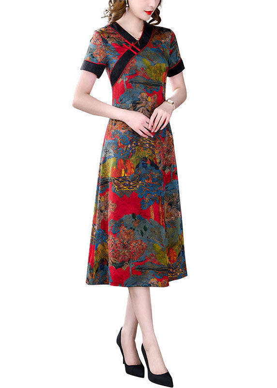 Slim Fit Red V Neck Print Chinese Button Silk Dresses Summer