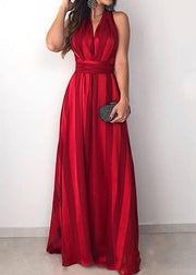 Slim Fit Red V Neck Tie Waist Cotton Dress Sleeveless