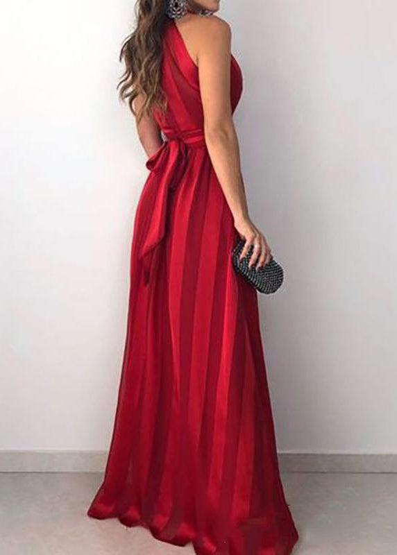 Slim Fit Red V Neck Tie Waist Cotton Dress Sleeveless