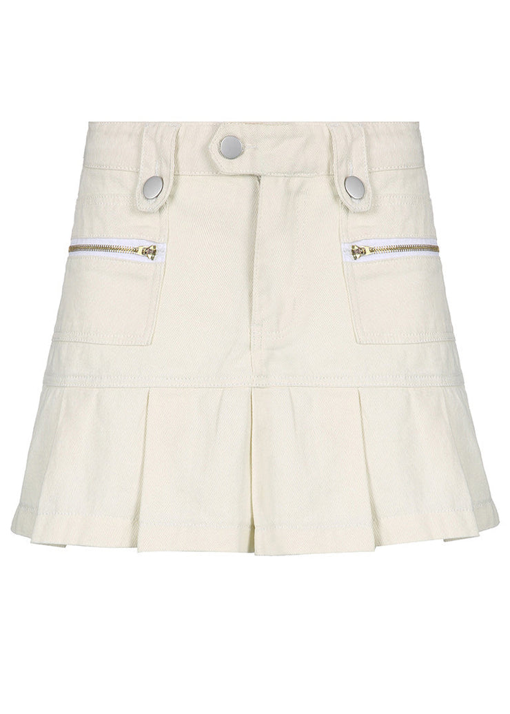 Slim Fit White Button High Waist Patchwork Denim Pleated Skirt Fall