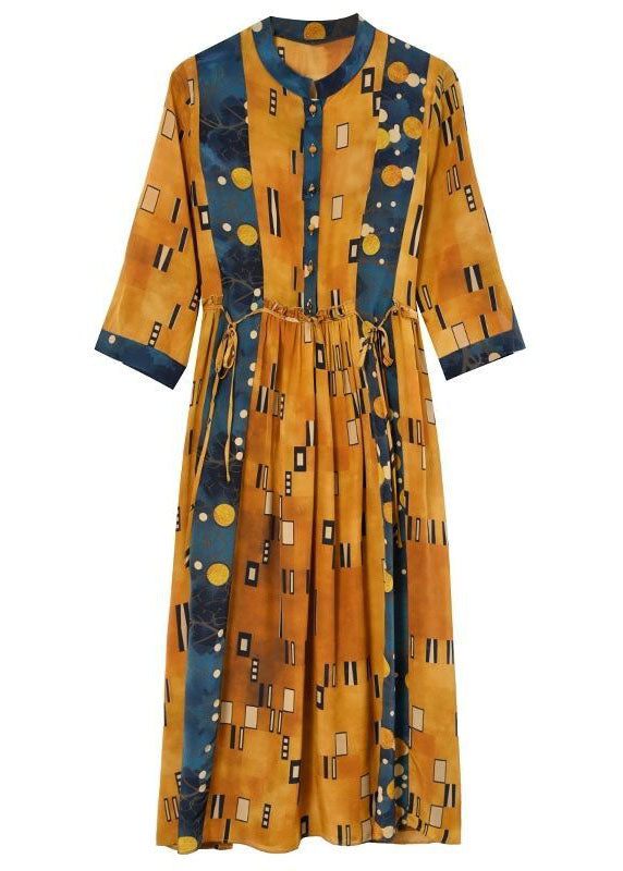 Slim Fit Yellow Stand Collar Print Silk Cinched Dress Half Sleeve