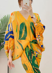 Slim Fit Yellow V Neck Print Wrinkled Dresses Long Sleeve