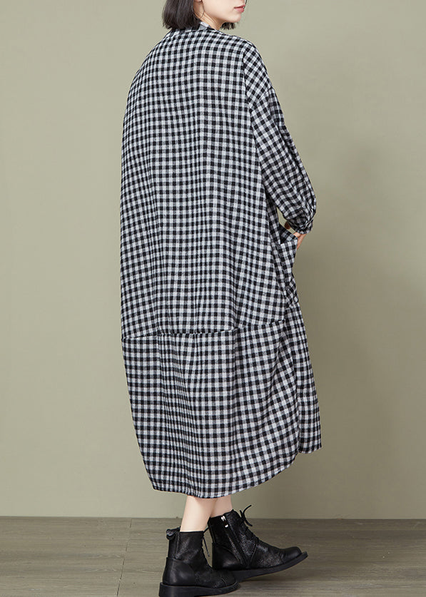 Small Plaid Button Loose Cotton Long Dress O Neck Long Sleeve